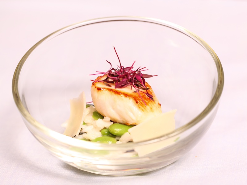 Bowl Food- Seared Scallop, Broad bean risotto